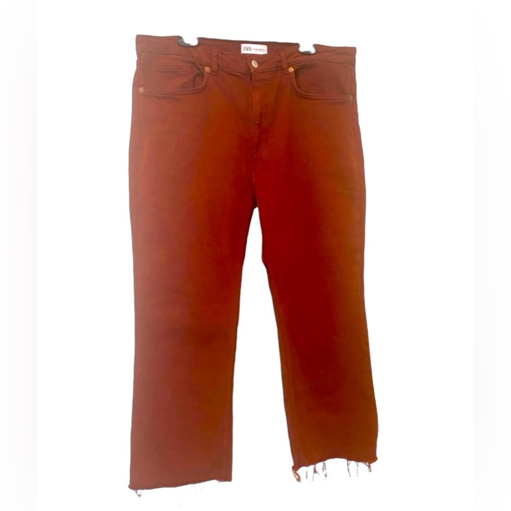 ZARA Denim Cropped Frayed Straight Jeans In Burnt Sienna Size 14/33 ✨EUC✨